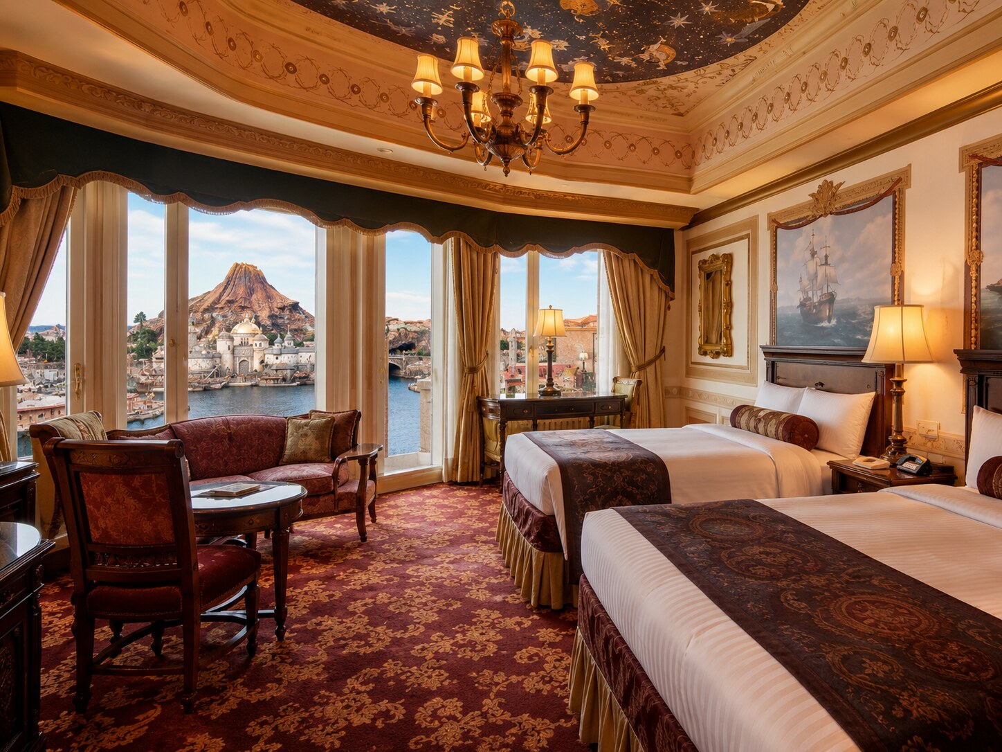 A luxurious hotel suite with classic European decor and large windows overlooking the Tokyo DisneySea Mediterranean Harbor.