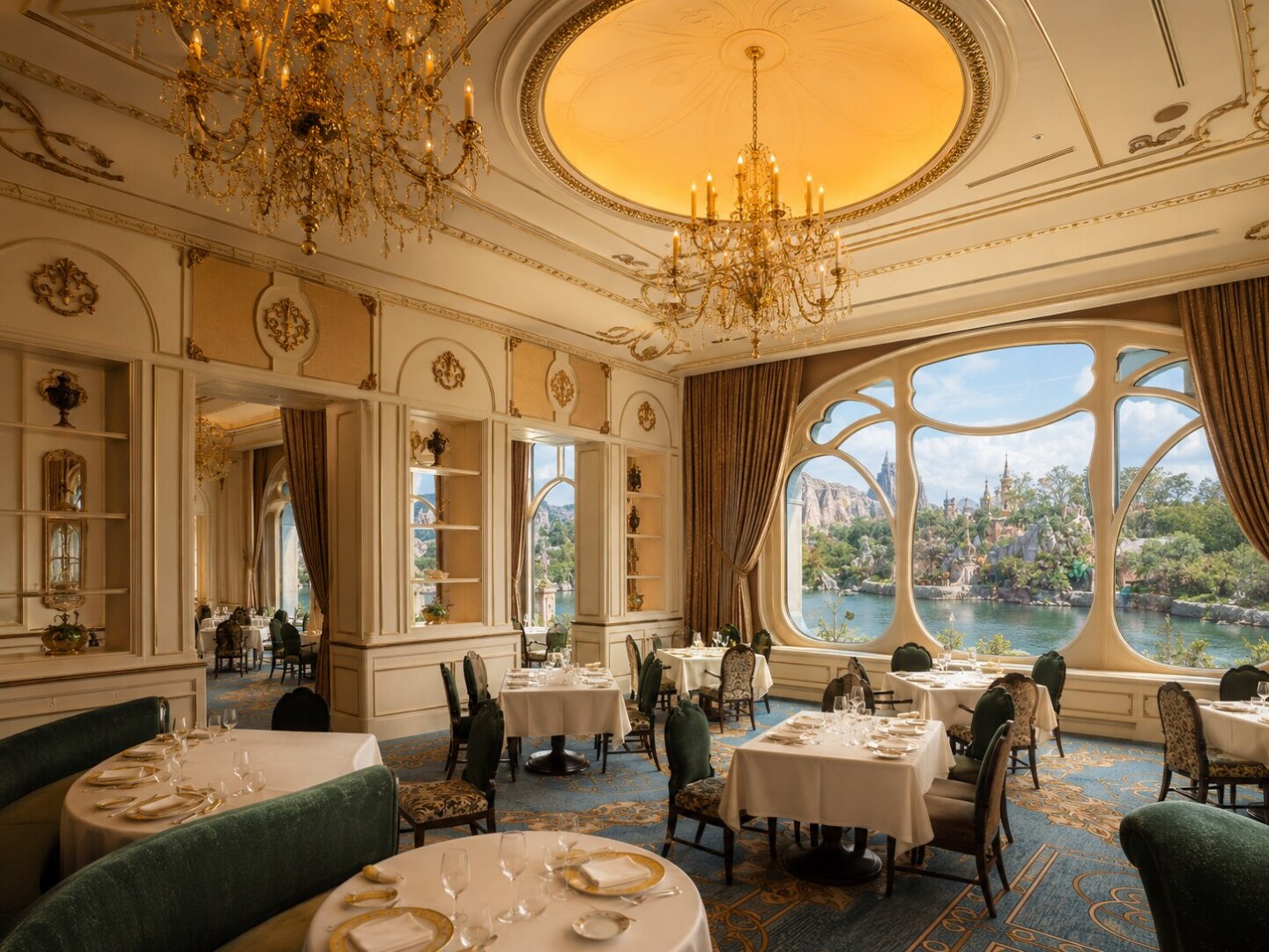 The elegant French fine dining interior of La Libellule at Tokyo DisneySea Fantasy Springs Hotel Grand Chateau.