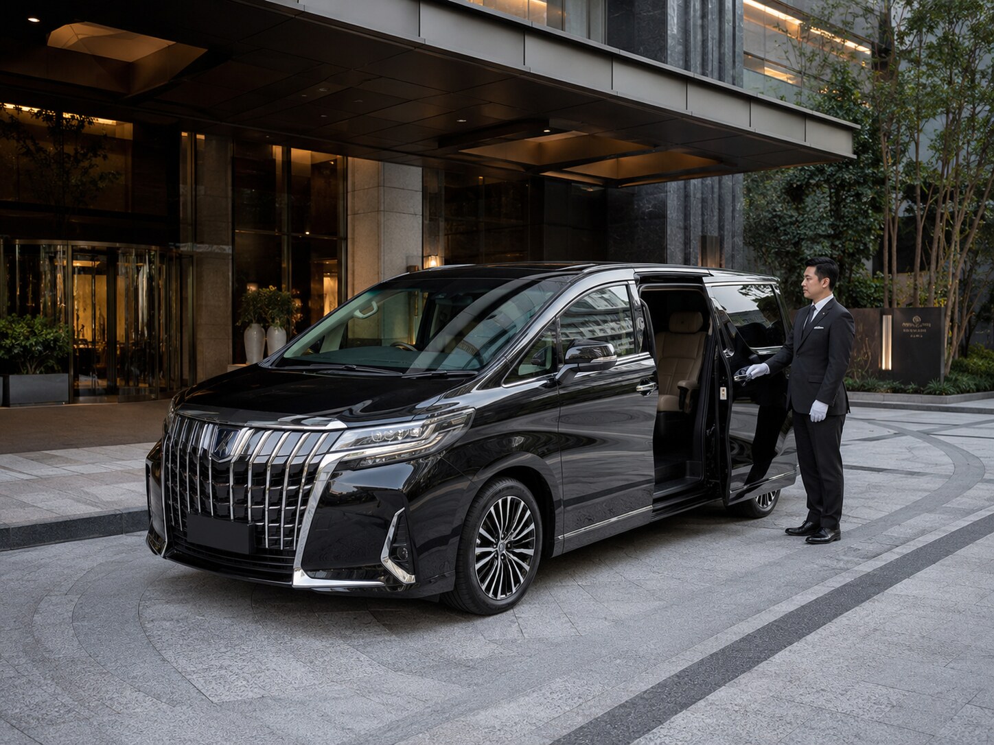 A professional chauffeur in a suit and white gloves standing attentively next to an open black luxury minivan in Tokyo.