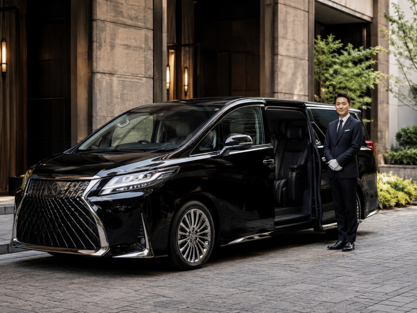 A chauffeur in a suit and white gloves opening the door of a sleek black luxury minivan for a private transfer.