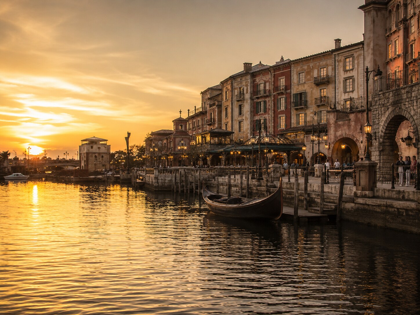eaceful sunset atmosphere at a Mediterranean-style harbor inside Tokyo DisneySea.