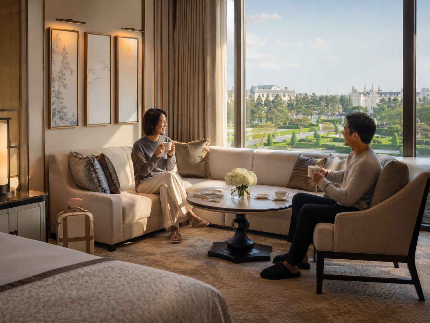 Luxury hotel suite used for a calm midday rest during a Tokyo Disney Resort visit.