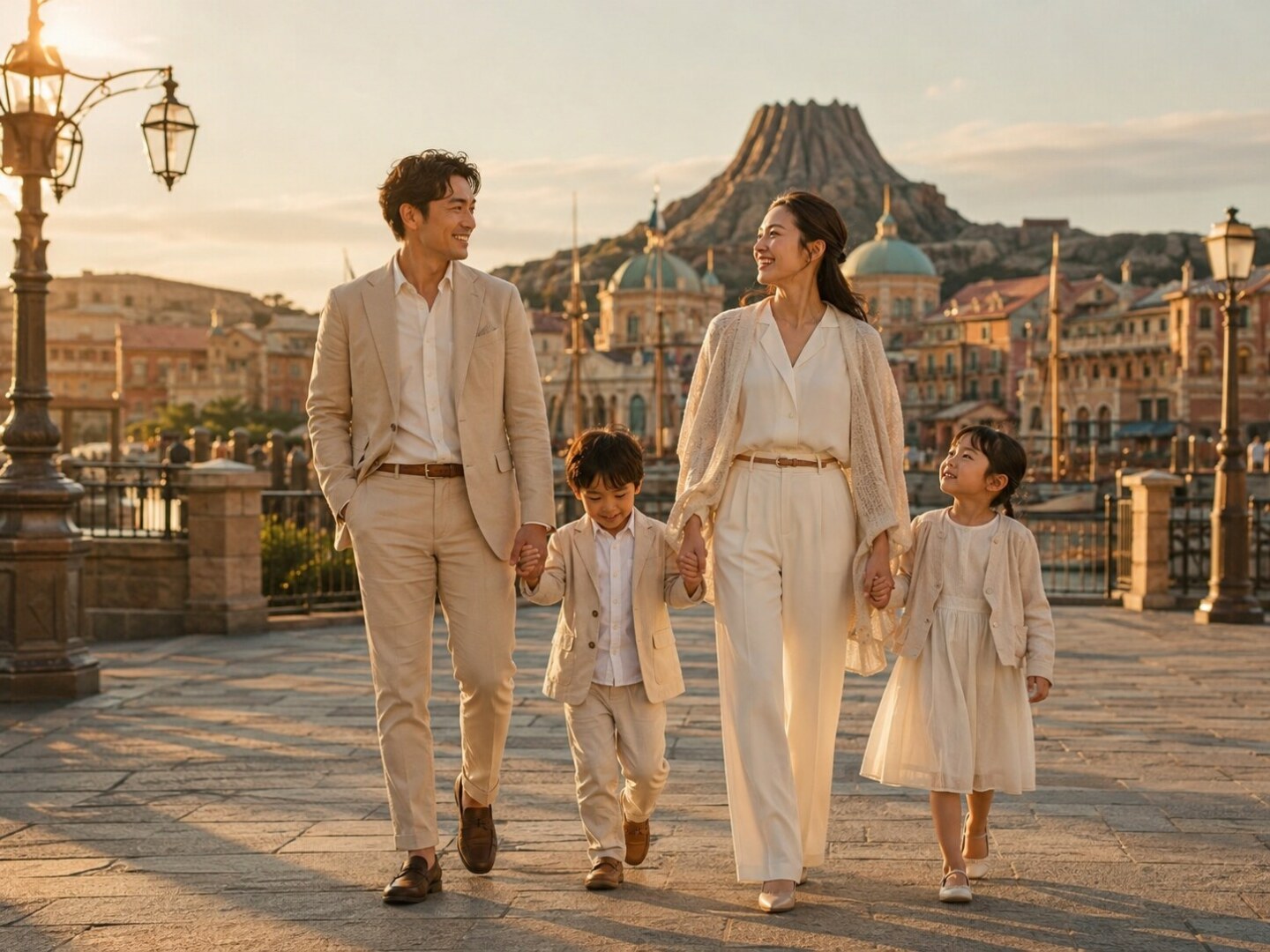 A family enjoying a calm, unhurried walk through a theme park pathway during sunset.