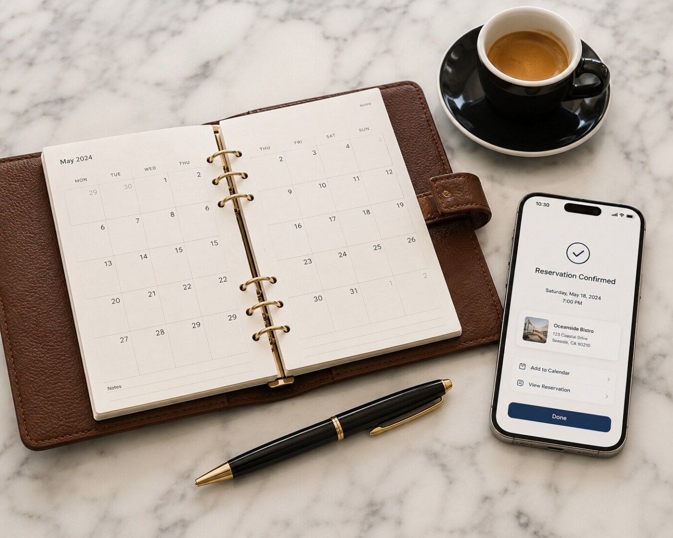 Open leather planner on a marble desk with May 2024 calendar, beside a cup of espresso, a gold-trim pen, and a smartphone showing a reservation confirmed.