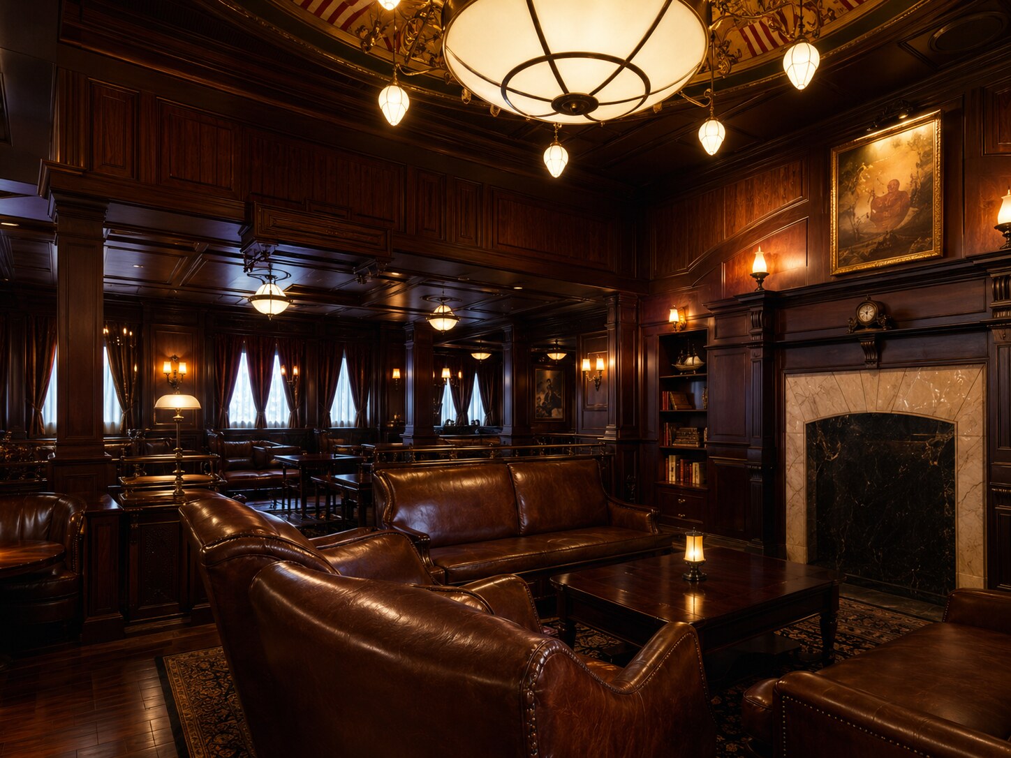 Luxurious dark wood lounge with leather sofas, marble fireplace, and warm pendant lights in an upscale setting.