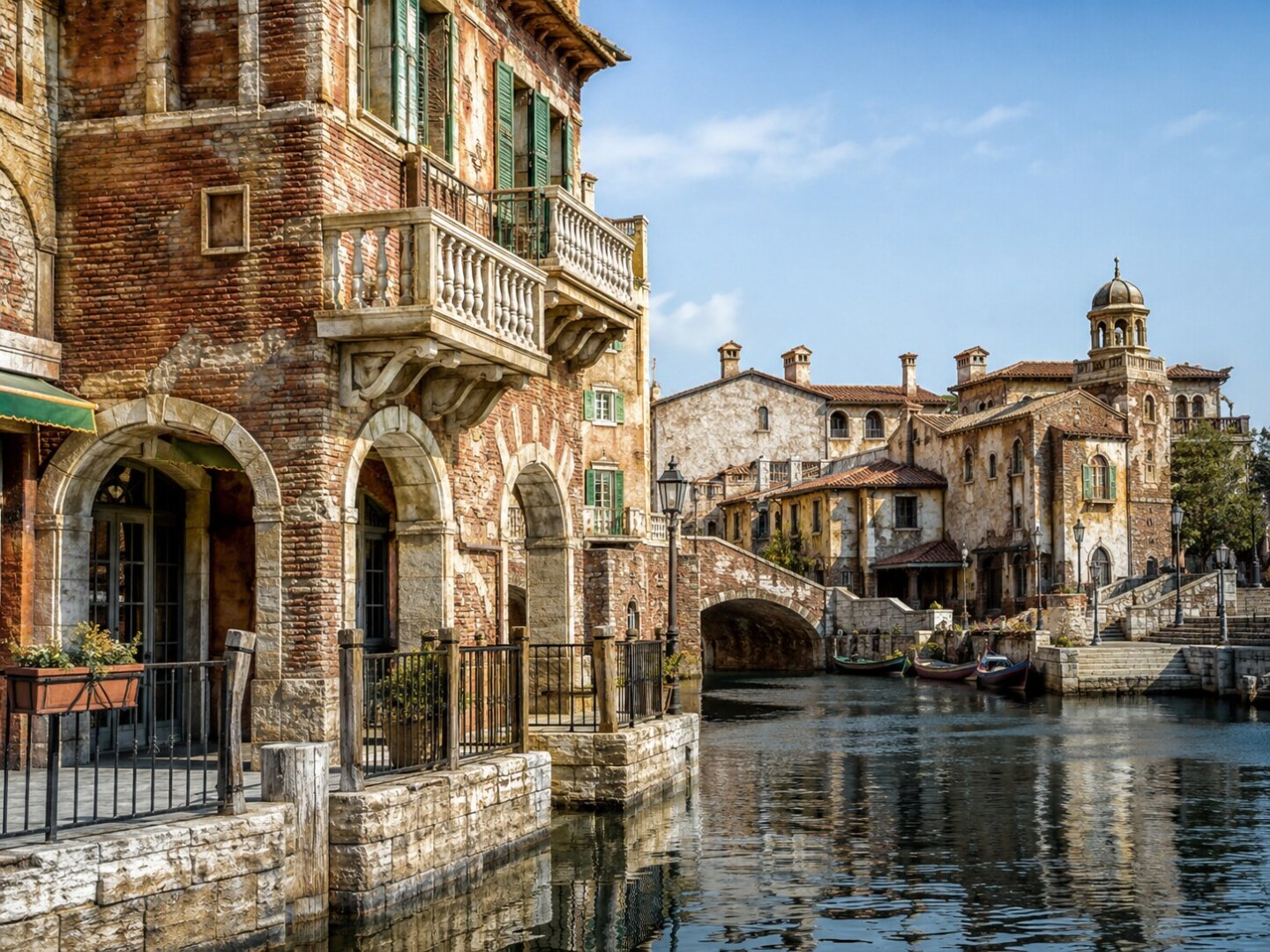 Detailed European-style stone architecture and canals at Tokyo DisneySea.