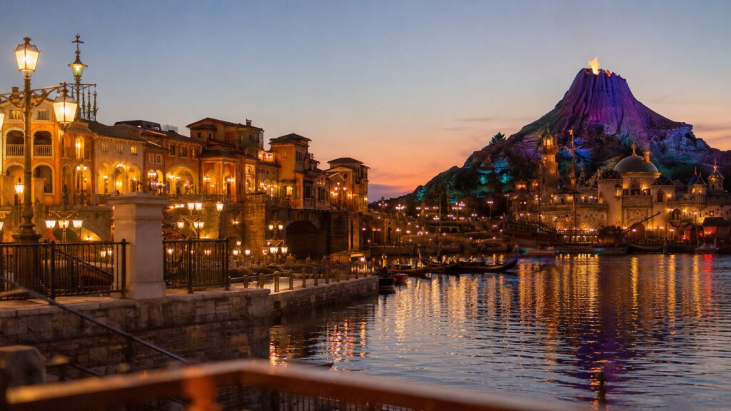 A twilight view of Mediterranean Harbor at Tokyo DisneySea, featuring warmly lit Italian-style waterfront buildings on the left and a towering volcano illuminated in purple and blue on the right, all reflecting in the calm water.