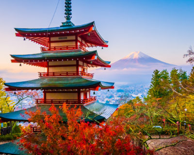 Beautiful landscape of mountain fuji with chureito pagoda around maple leaf tree in autumn season at Yamanashi Japan