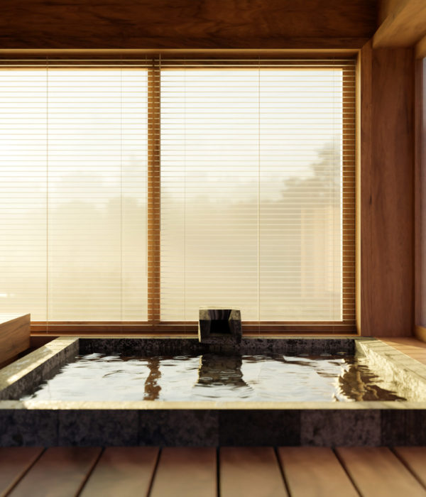 Beautiful luxury indoor Japanese Onsen interior design with bath against the door slides, wooden bench and wooden wall. Onsen spa concept. 3d render, 3d illustration