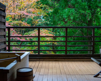 A beautiful view of a forest with colorful trees from a balcony in a resort in Hakone, Japan