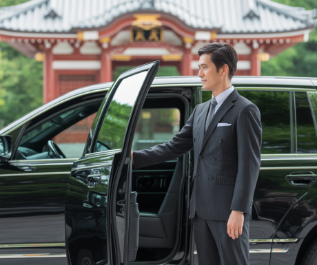 Ultimate Expression, Sophisticated Travel, professional chauffeur, English-speaking, immaculate suit, standing beside luxury SUV, respectfully opening door, Japanese temple gate background, five-star service, welcoming gesture