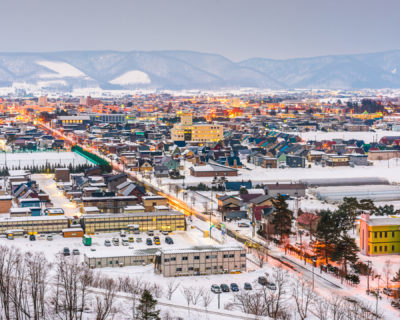 Furano, Hokkaido, Japan town skyline in winter at twilight.