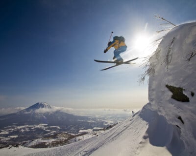 Japan, Hokkaido, Niseko, Man skiing Niseko skiing man photo