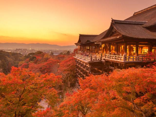 Kyoto, Japan at Kiyomizu-dera Temple during an autumn evening.