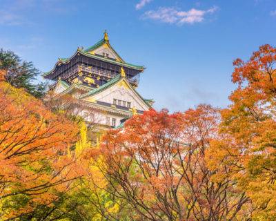 Osaka, Japan at Osaka Castle's main keep during an autumn morning.