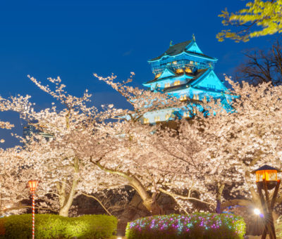 Osaka, Japan at Osaka Castle during spring season at twilight.