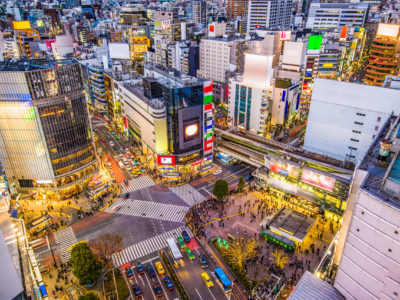 Shibuya, Tokyo, Japan cityscape over Shibuya Crossing.
