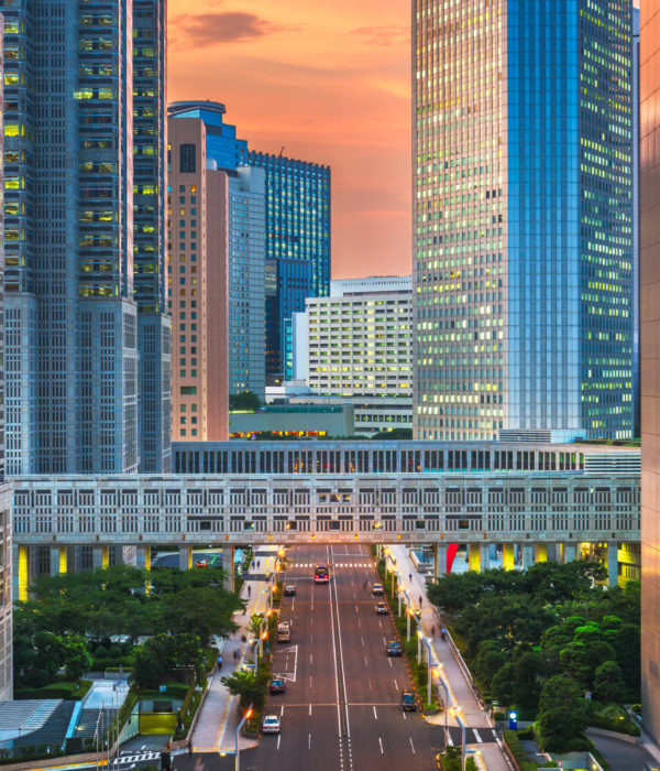 Shinjuku, Tokyo, Japan cityscape past the Metropolitan Government Building at dusk.