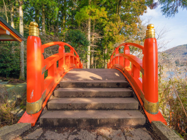 The red bridge at Fujisan Hongu Sengen Taisha temple, Fujinomiya, Shizuoka city, Japan. Tourist attraction. Architecture landscape background.
