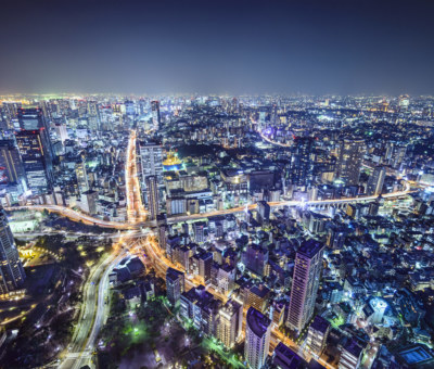 Tokyo, Japan cityscape over Roppongi Junction at night.
