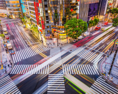 Tokyo, Japan in the Ginza District Tokyo, Japan cityscape and crosstown traffic in the Ginza District.