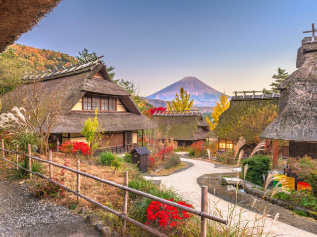 Mt. Fuji, Japan autumn landscape with historic japanese village.