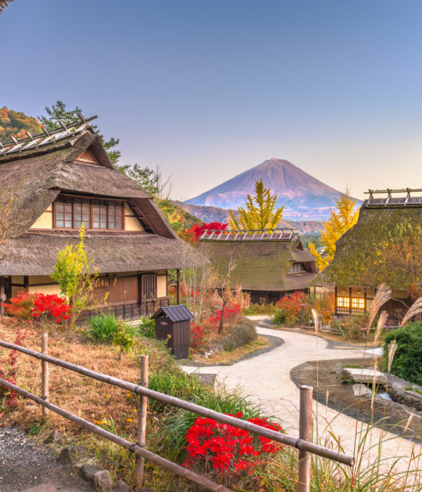 Mt. Fuji, Japan autumn landscape with historic japanese village.